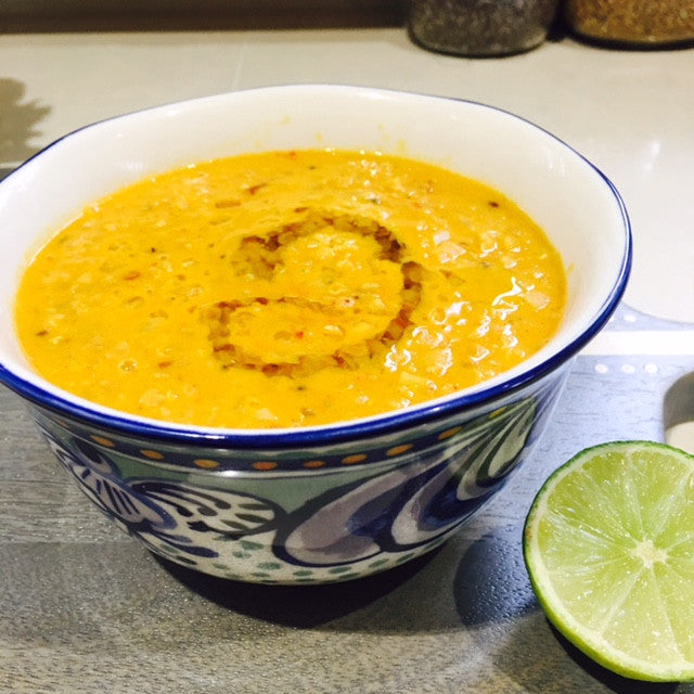 Red Lentil soup with Turmeric, Rose Harissa, Coconut and Lime