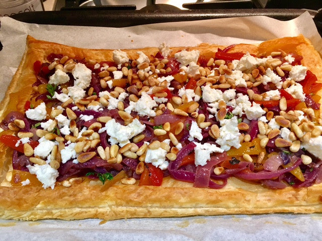 Red Onion, Roasted Pepper and Feta Tart with Thyme and Pine Nuts