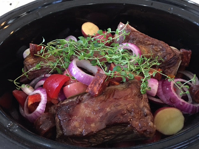 Slow Braised Beef Short Ribs with Chorizo and Red Wine