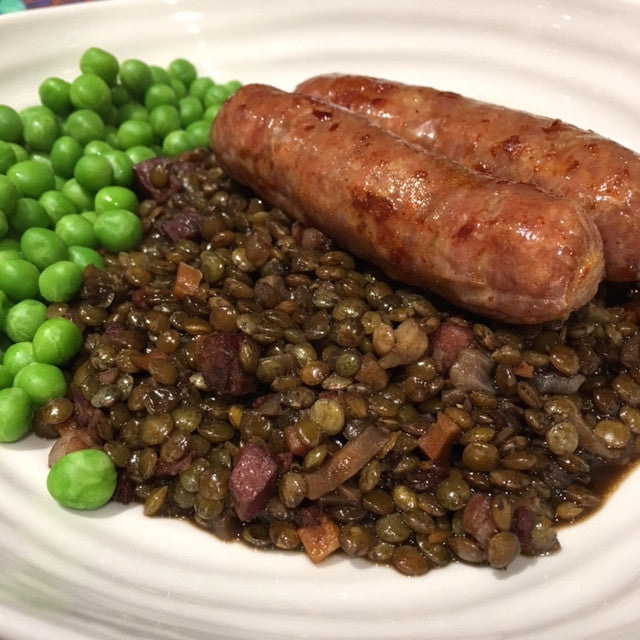 Puy Lentils with Smoked Lardons and Balsamic Vinegar and Sausages